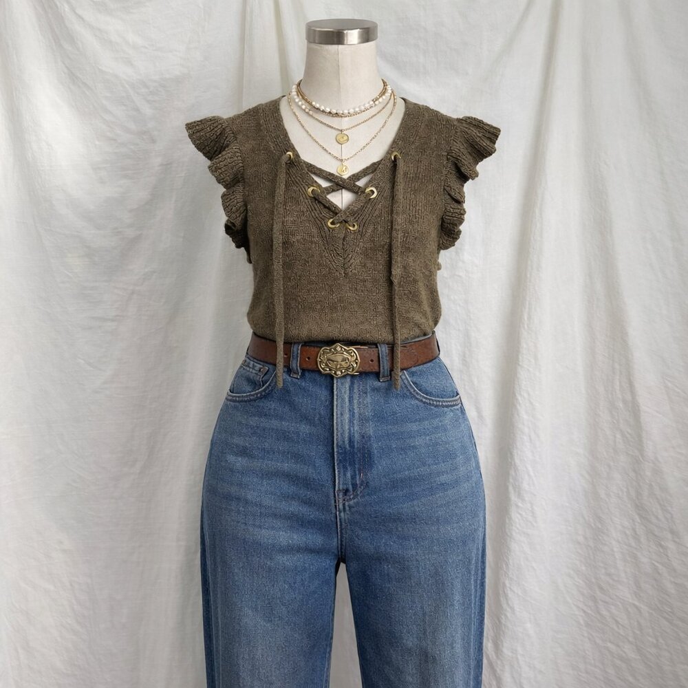 Michael Kors Safari Green Ruffle Top L